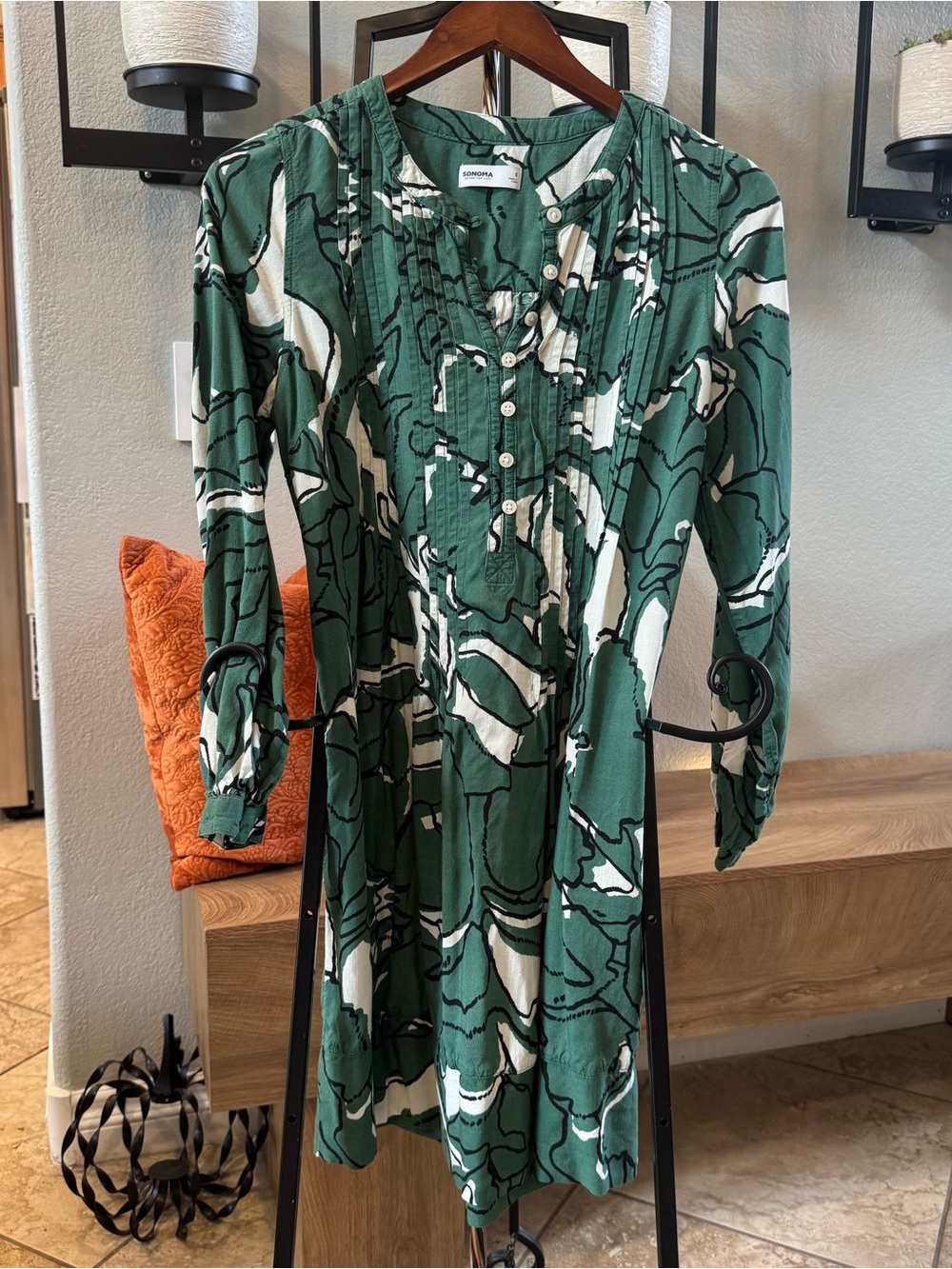 Sonoma Green and White Printed Long-Sleeve Dress